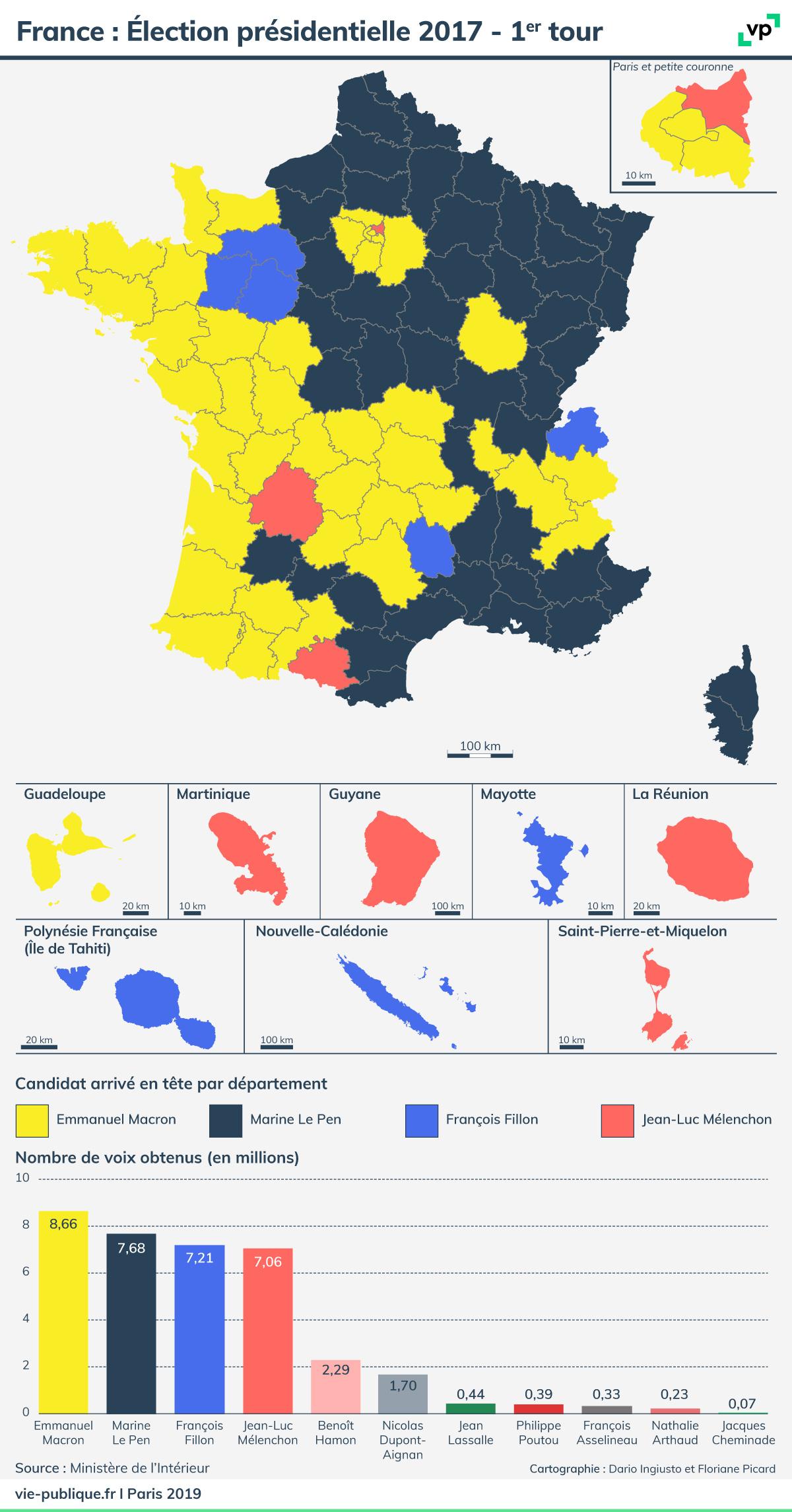 Carte de France : Élection présidentielle 2017 - premier tour. Description de la carte ci-dessous 