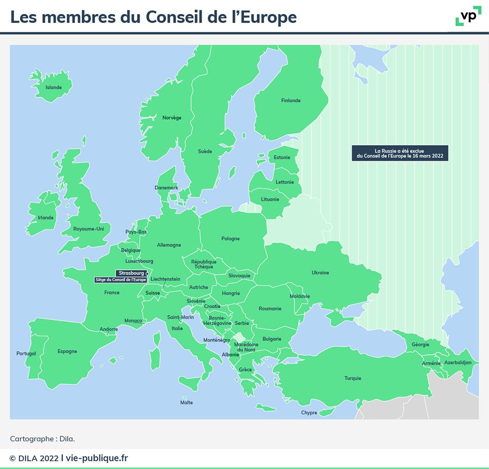Visualisation des 46 États membres et du siège du Conseil de l'Europe sur une carte européenne. 